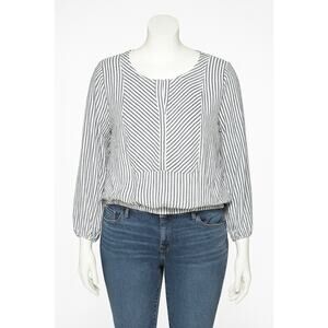 Worthington XL Striped Blouse NWT Gray White Long Sleeve Elastic Hem Top